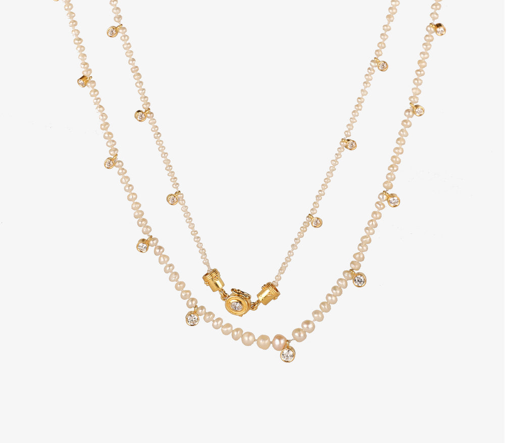 Graduated Natural Basra Pearl Diamond Veil Necklace